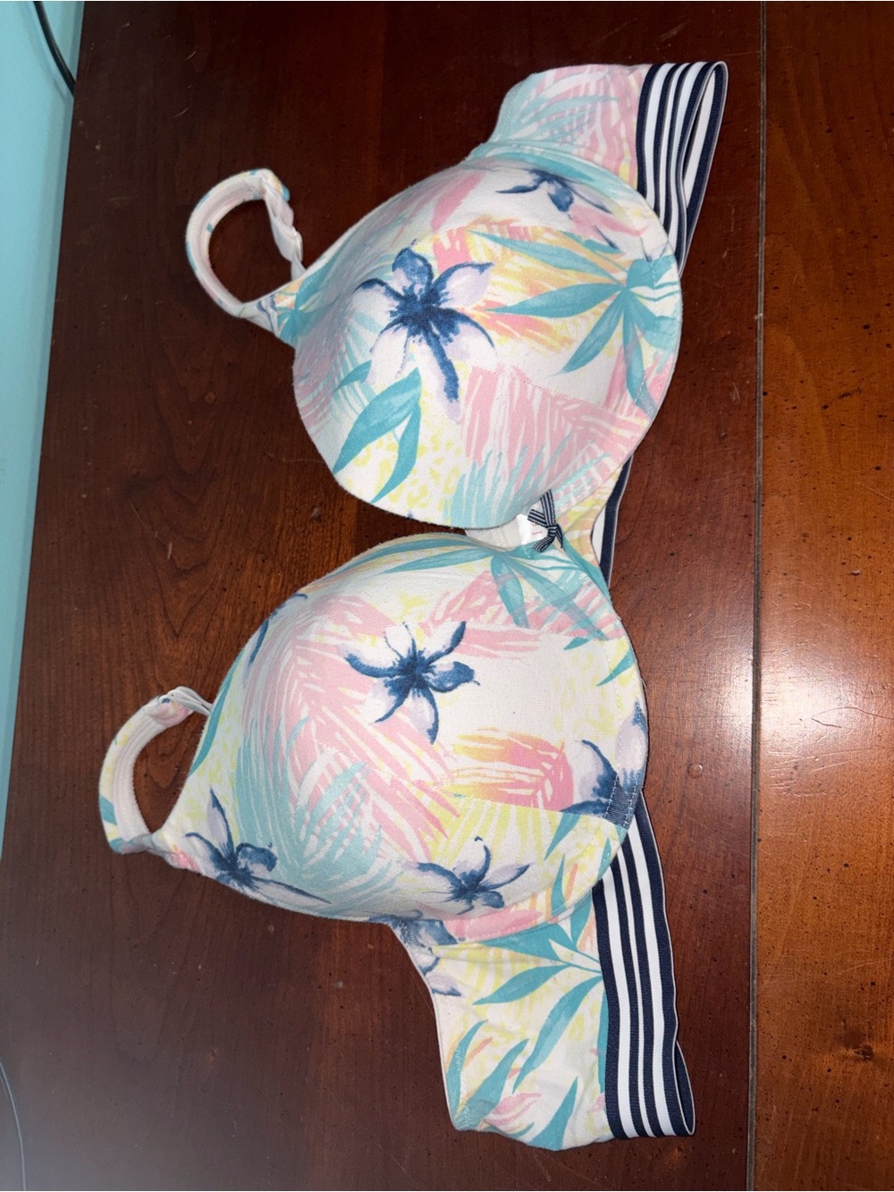Floral Pastel Underwire Bra with Navy Stripe Band - 44b